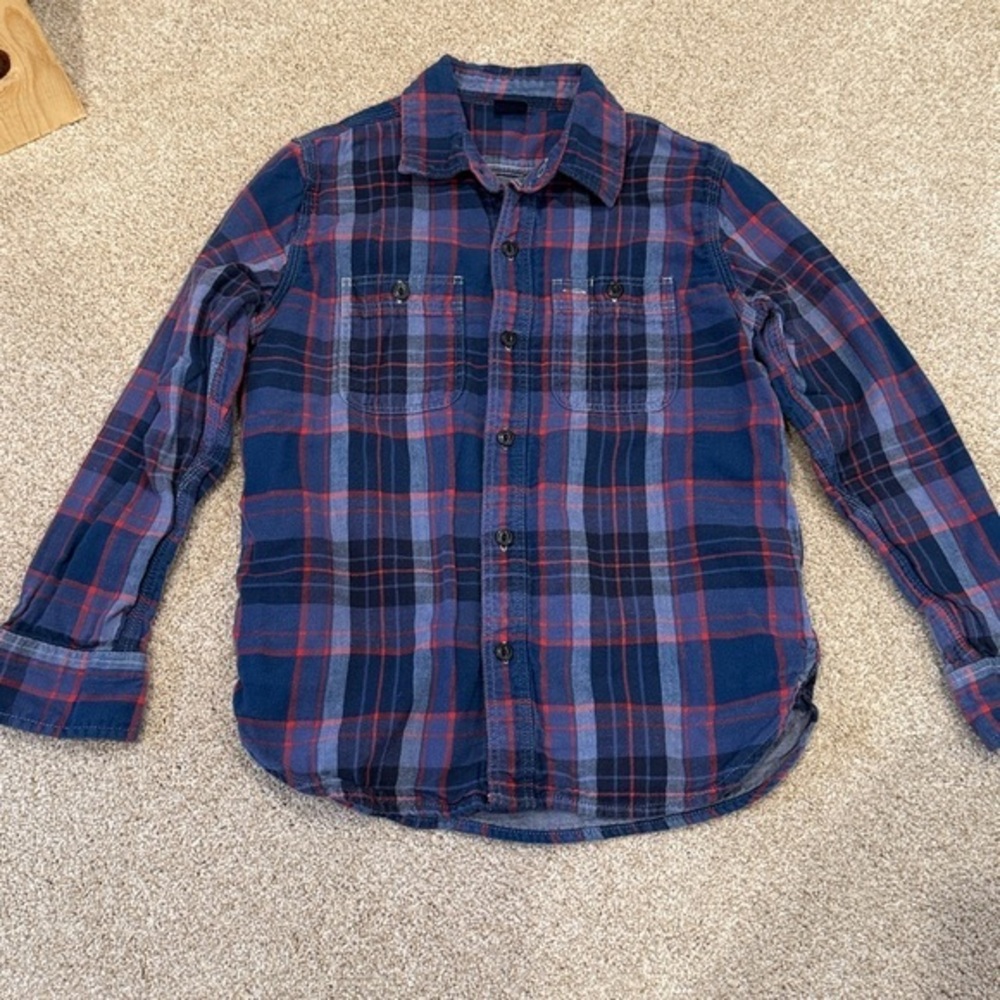 GAP Boys Size 8 Navy Red Plaid Flannel Shirt Button Needs Repair